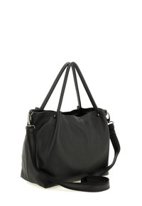 Borsa a mano in pelle nera con finitura texture, doppi manici e tracolla regolabile. Presenta un design morbido per un facile accesso.