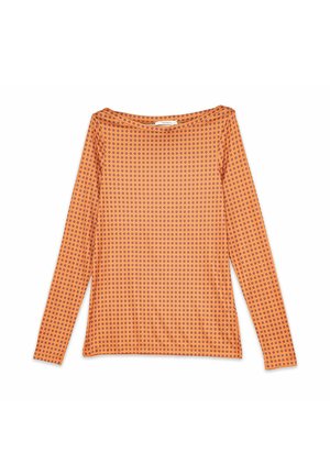 Maglia arancione a maniche lunghe con scollo orizzontale, caratterizzata da un motivo ciclico ripetuto a piccoli cerchi di colore viola scuro, realizzata in un tessuto liscio ed elastico.