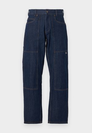 Dark blue denim work pants with reinforced knee patches, front pockets, belt loops, and a button closure at the waist.