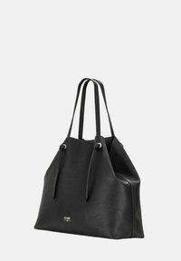 Czarna skórzana torba na ramię z fakturowanym wykończeniem. Posiada dwa długie paski i złote elementy metalowe. Otwarte wnętrze i przestronny design.