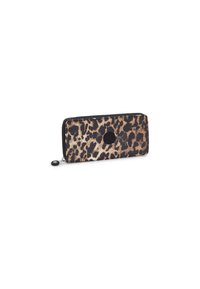 Tasche mit Leopardenmuster und schwarzem Reißverschluss, Stofftextur und einem runden schwarzen Logoakzent auf der Vorderseite. Kompakte rechteckige Form.