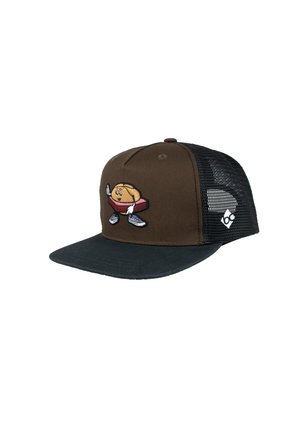 Braune und schwarze Trucker-Kappe mit Netzrückseite, mit einem bestickten Cartoon-Kuchencharakter, der Turnschuhe trägt und ein Daumen-hoch zeigt.