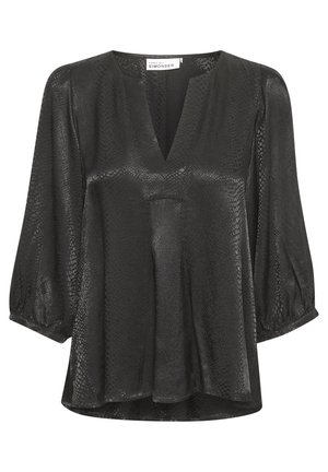 Blouse noire à manches longues avec motif texturé subtil, encolure en V et coupe ample, fabriquée en tissu brillant et léger.