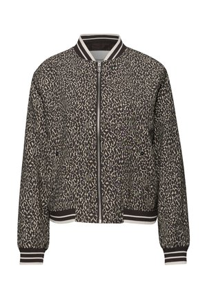 Bomberjack met luipaardprint en zwarte-witte gestreepte geribbelde kraag, manchetten en zoom, met ritssluiting aan de voorkant.