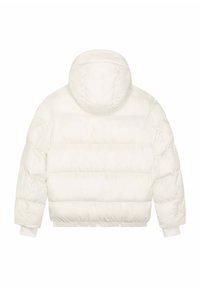 Giacca a vento bianca con cappuccio, caratterizzata da un design trapuntato, polsini elastici e orlo arricciato. Texture liscia con un aspetto leggero.