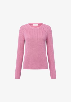 Pull en maille rose à manches longues avec encolure ronde et poignets côtelés, présenté sur un fond blanc.