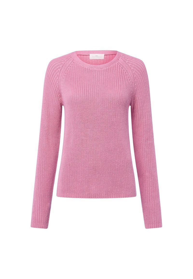 Pull en maille rose à manches longues avec encolure ronde et poignets côtelés, présenté sur un fond blanc.