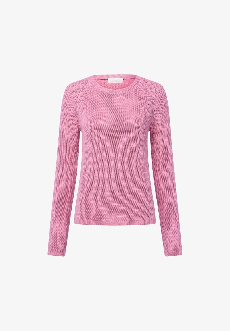 Pull en maille rose à manches longues avec encolure ronde et poignets côtelés, présenté sur un fond blanc.
