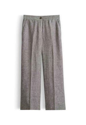 Gray straight-leg pants with side pockets, elastic waistband, and a single button closure at the front, laid flat on white background.
