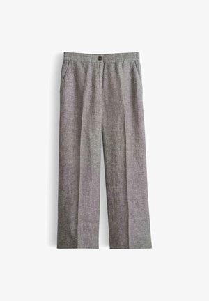 Gray straight-leg pants with side pockets, elastic waistband, and a single button closure at the front, laid flat on white background.