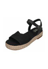 Zwarte open teen sandaal met enkelbandje en gekruiste jute platformzool, gemarkeerde binnenzool, casual zomerschoenstijl.