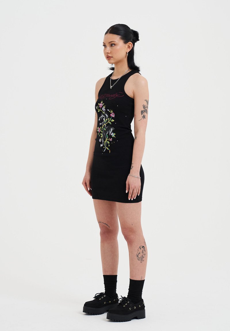 ed hardy dress black VAMPY' - ONE SHOULDER MESH hugging stretch fit create a clean profile Ed Hardy Mini Dress XS/S