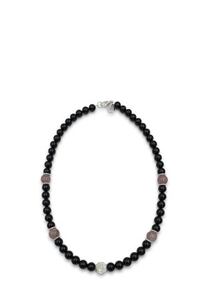 Collana con perline nere alternate e quattro perline più grandi color malva, con una perlina centrale a forma di rosa in argento e una chiusura in argento.