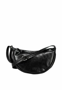 Sac bandoulière en cuir noir avec une forme incurvée, une finition texturée, une sangle ajustable et des accents en métal argenté. Design compact et simple.