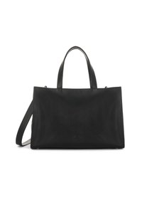 Sac fourre-tout en cuir noir avec deux poignées supérieures et une bandoulière amovible. Texture lisse, design minimaliste et sans détails matériels visibles.