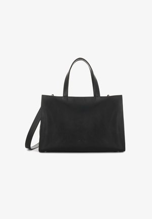 Bolso tote de cuero negro con dos asas superiores y una correa para el hombro desmontable. Textura suave, diseño minimalista y sin detalles de hardware visibles.