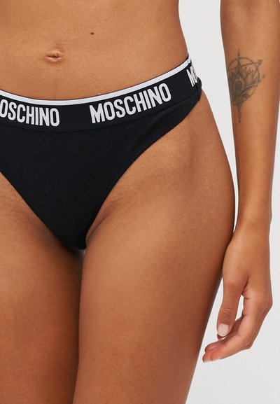 Schwarzes Baumwoll-Bikini mit einem weißen elastischen Taillenbund mit "MOSCHINO"-Markenlogo. Hat eine klassische Tanga-Form und eine glatte Textur.