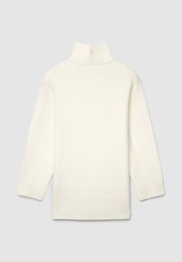 Maglione a collo alto color crema chiaro con una collarino a zip mezza, polsini a coste e un tessuto morbido e testurizzato. Nessun motivo o decorazione visibile.