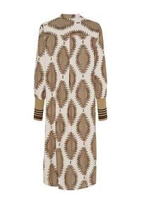 Brun mønstret kjole med en løs pasform, der har krave og ærmer til albuen. Bånd i jordfarver ved manchetterne tilføjer detaljer.