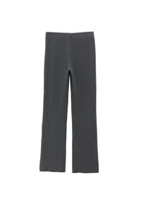 Grijs wijde pijpen broek van gestructureerde stof. Heeft een platte tailleband en geen zichtbare naden, wat zorgt voor een eenvoudig en modern ontwerp.