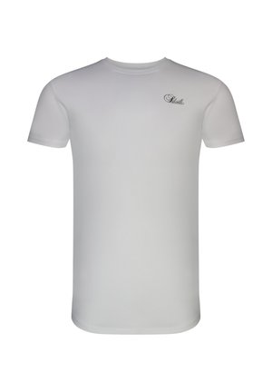 Hvid, kortærmet T-shirt med lille sort "Siksilk" logo på venstre bryst mod en hvid baggrund.