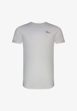 Enkelt hvitt T-skjorte med korte ermer og en liten svart "Siksilk"-logo på venstre bryst mot en hvit bakgrunn.