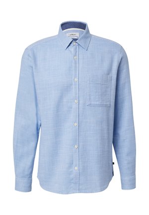 Himmelblaues, langärmliges Hemd mit Knopfleiste aus strukturiertem Stoff, mit einer Tasche und einer kontrastierenden gemusterten Krageninnenseite.
