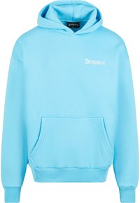 Helle blaue Kapuzenjacke aus weichem, strukturiertem Stoff. Verfügt über eine Fronttasche, gerippte Bündchen und einen weißen Logotext auf der Brust.