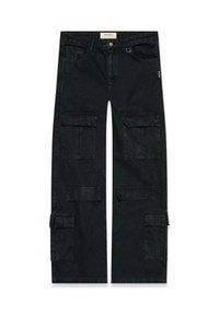 Pantaloni cargo neri a gamba larga con multiple grandi tasche con pattina e chiusura con bottone metallico in vita.