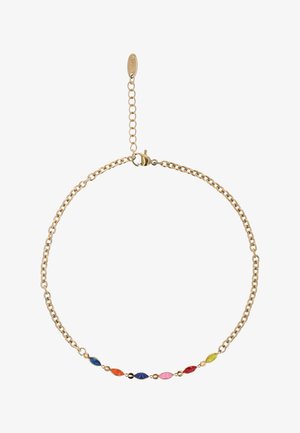 Gouden ketting met zes kleine ovale emaille schakels in marineblauw, oranje, donkerblauw, roze, rood en limoengroen.