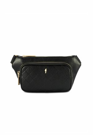 Czarna pikowana skórzana nerka z złotym zamkiem błyskawicznym, przednią kieszenią i małym złotym logo na środku kieszeni.