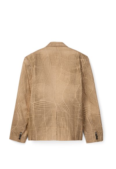 Veste à carreaux beige avec manches longues, poignets boutonnés et col cranté, vue de dos sur fond blanc.