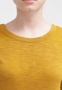 Mosterdgele gebreide trui met een ronde halslijn, voorzien van een fijne textuur en een gladde afwerking. Geschikt voor casual draag.