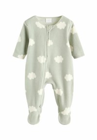 Ljusgrön fleecedress för bebisar med vita molnmönster, lång ärm, frontdragkedja och fotsydd design för extra värme.
