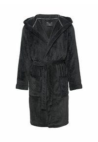 Black fleece bathrobe with a hood, belted waist, two front pockets, and a soft texture. Long sleeves with cuffs and a mid-length design.