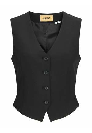 Black sleeveless vest with a V-neck, five buttons, and a fitted shape. Made of smooth fabric with a plain texture and internal label.