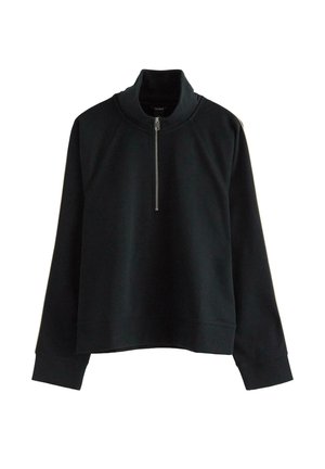 Felpa nera con collo alto e mezza cerniera, caratterizzata da una vestibilità comoda, maniche raglan lunghe e polsini e orlo a coste.