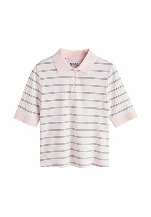 Hellrosa kurzärmeliges Poloshirt mit horizontalen, dünnen braunen und weißen Streifen, gezacktem Kragen und Ärmelsäumen, Drei-Knopf-Leiste.