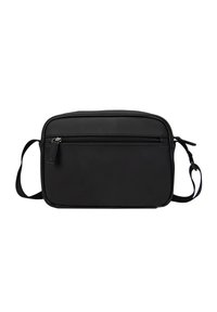 Borsa rettangolare nera realizzata in materiale liscio, con tasca frontale con zip e tracolla regolabile. Linee pulite e design minimalista.