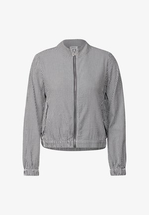 Chaqueta bomber ligera en tela de rayas gris y blanca, con cierre de cremallera en la parte delantera, cuello alto y dobladillo y puños elásticos.