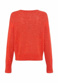 Roter, locker sitzender Strickpullover mit leicht strukturierter Oberfläche, weitem Rundhalsausschnitt und langen Ärmeln. Lässiger Stil.
