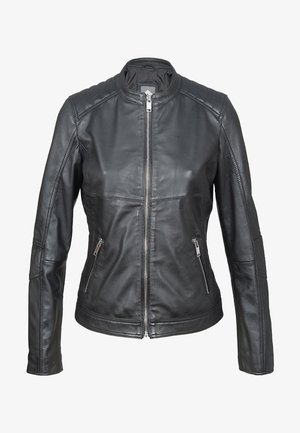 Zwarte leren jas met een hoge kraag, ritssluiting en zijzakken. Kenmerkend zijn de gestikte details op de schouders en armen, en de gladde textuur.