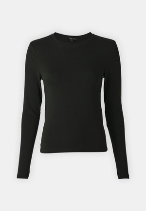 Chemise noire à manches longues en tissu lisse, avec un col rond et une coupe ajustée, sans motifs ni accents visibles.