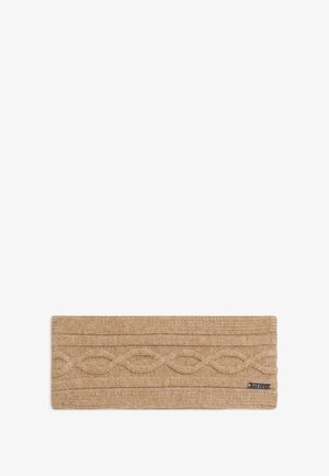 Fascia per la testa in marrone chiaro, con motivi testurizzati e una fascia con un piccolo marchio. Tessuto morbido e elastico.