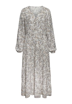 Maxikleid mit Blumenmuster in hellbeige und grauen Tönen. Hat einen V-Ausschnitt, lange Ärmel und einen elastischen Bund mit einem gestuften Rock.