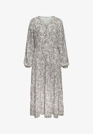 Maxikleid mit Blumenmuster in hellbeige und grauen Tönen. Hat einen V-Ausschnitt, lange Ärmel und einen elastischen Bund mit einem gestuften Rock.