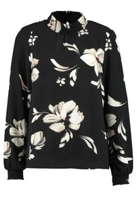 Blusa nera a maniche lunghe con stampa floreale bianca e beige, colletto alto arricciato e polsini elasticizzati.