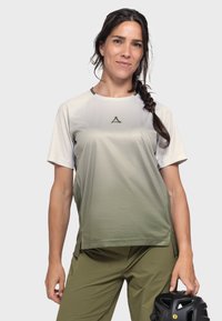 Short-sleeve activewear shirt in light gray fading to olive green, textured fabric, with a logo and contrasting neckline accents.