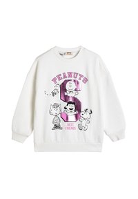 Biała bluza dziecięca z różowym napisem "PEANUTS", dużą błyszczącą literą "S", postaciami Charliego Browna, Lucy, Snoopy'ego i Woodstocka oraz napisem "NAJLEPSI PRZYJACIELE".