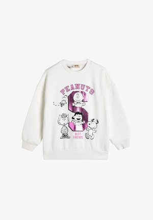 Weißes Kinder-Sweatshirt mit pinkem "PEANUTS"-Text, großem glänzendem "S", den Figuren Charlie Brown, Lucy, Snoopy und Woodstock, sowie dem Text "BEST FRIENDS".